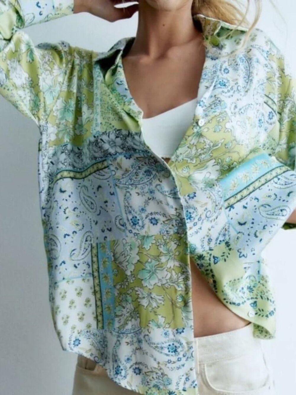 ZARA I NWT Satin Effect Button-Front Long-Sleeve Blouse, Green Paisley Bandana - Picture 3 of 7